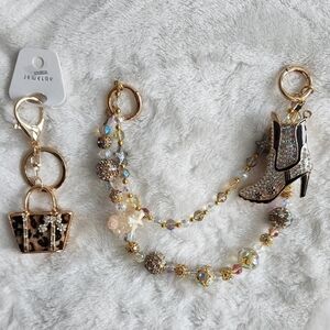 Gold and Brown Beaded Bag Charm Chain And Keychain Set Studded Boot Animal Print